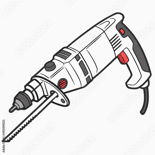 Isolated Illustration Of A White Corded Rotary Hammer Drill With Jigsaw Blade