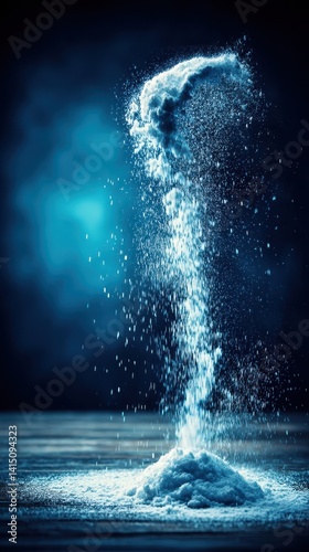 Obraz na płótnie Dramatic blue-toned image of a swirling, erupting powder or liquid, resembling a miniature vortex or geyser against a dark backdrop w salonie