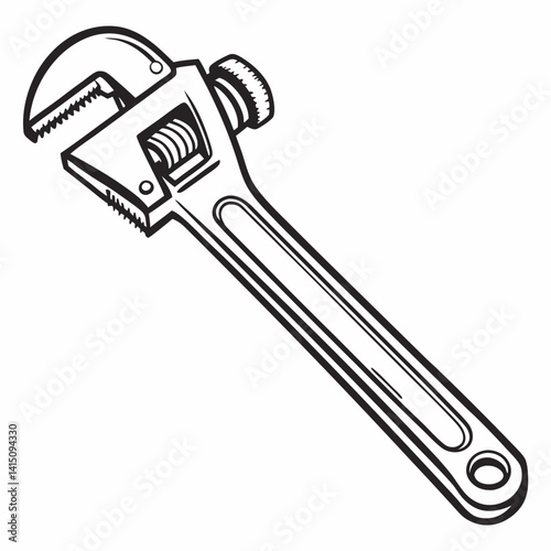Adjustable Pipe Wrench Tool Illustration Black And White Plumbing Equipment Vector Graphic