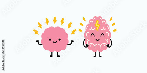 Print  Vector cartoon illustration of cute strong brain and lightning symbol on white color background. 
