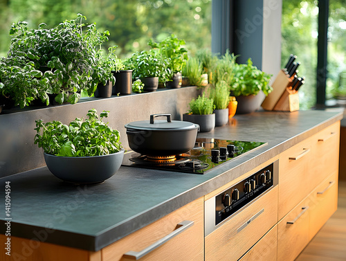 Modern kitchen with herbs and stove