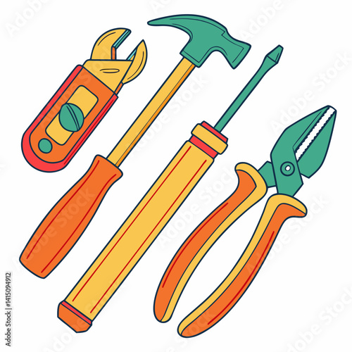 Hand Tools Collection With Hammer Pliers Screwdriver And Adjustable Wrench Isolated