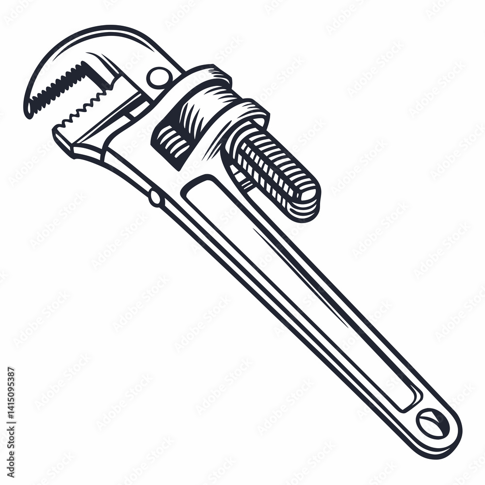 Pipe Wrench Tool Monochrome Detailed Drawing For Industrial And Construction Design Pipe Wrench Tool Monochrome Detailed Drawing For Industrial And Construction Design