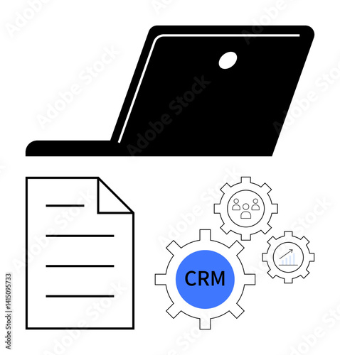 Laptop, document, and gears labelled CRM represent customer relationship management, teamwork, productivity, and data processing. Ideal for business, automation, data tech analysis CRM systems