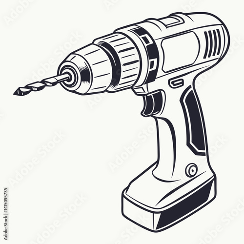 Monochrome Line Art Illustration Of A Cordless Power Drill Tool