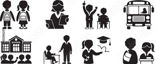  Black silhouettes depicting school activities including students with backpacks, teachers, school bus, and graduation. Great for educational projects focusing on school life and academic growth.