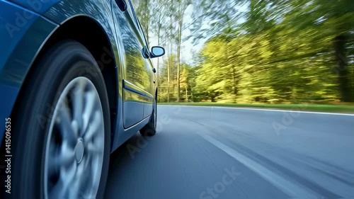 Blue car driving on asphalt road through a forest video footage. Vehicle wheel in motion on highway clip. Summer travel and transport background motion picture.