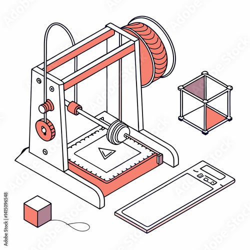 Isometric 3D Printer Illustration With Building Objects On White Background