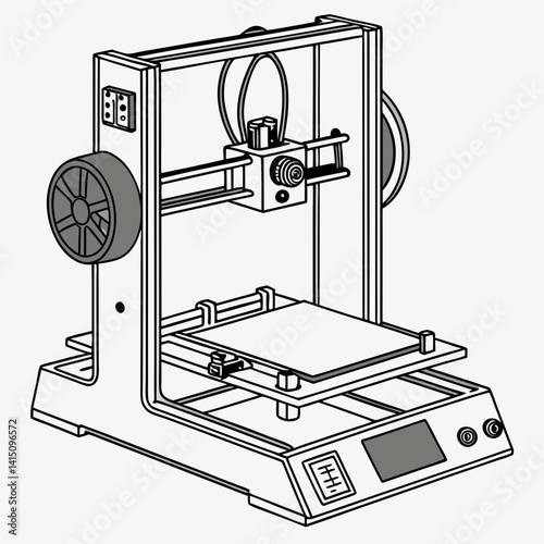 Isometric Line Art Illustration Of A 3D Printer For Rapid Prototyping