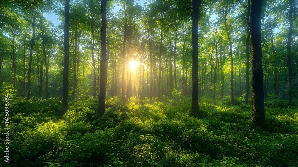 Sunlight streams through lush green forest canopy illuminating verdant ground cover creating a vibrant serene and na Sunlight streams through lush green forest canopy illuminating verdant ground cover creating a vibrant serene and na