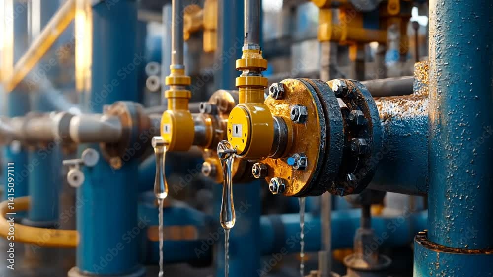 Close-up of industrial water valves with droplets, showcasing machinery in an operational setting