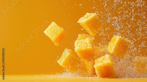 Wallpaper Mural Fresh pineapple cubes tumble through water, creating a refreshing splash against a sunny yellow background. The scene highlights the vibrant colors and textures of the fruit Torontodigital.ca