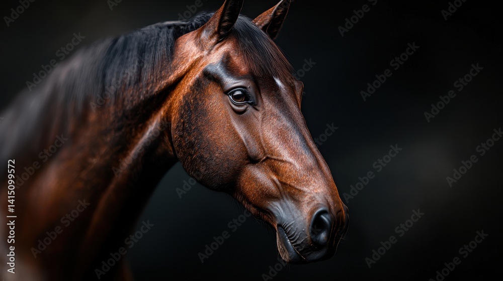 Fototapeta premium A close-up view of a majestic brown horse with a glossy coat set against a dark background. The horse's sharp features and expressive eyes capture a sense of strength and grace