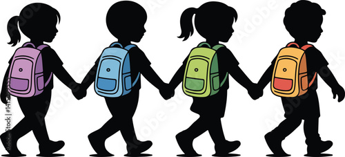  Vector silhouettes of children walking with colorful backpacks, representing school life and student movement. Great for educational, school, and child-related projects and designs.