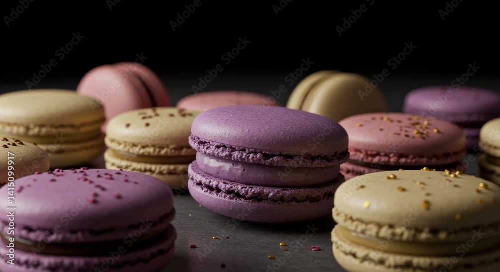 Fototapeta premium Delicate Macaron Collection: A Sweet Symphony of Colors - A delightful assortment of pastel macarons, showcasing delicate flavors and exquisite textures. Symbolising: elegance, sweetness, artistry