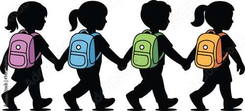 Illustration of children walking with backpacks in different poses, perfect for back-to-school, educational themes, and representing student life and active school participation.