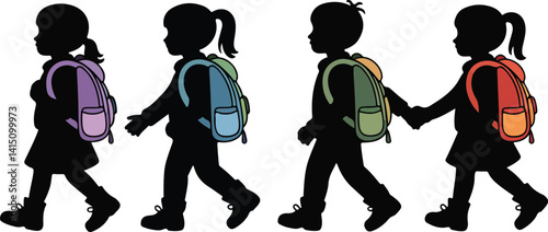  Children carrying backpacks walking in silhouette, ideal for back-to-school designs, educational themes, and illustrating the student experience in school and classroom settings.