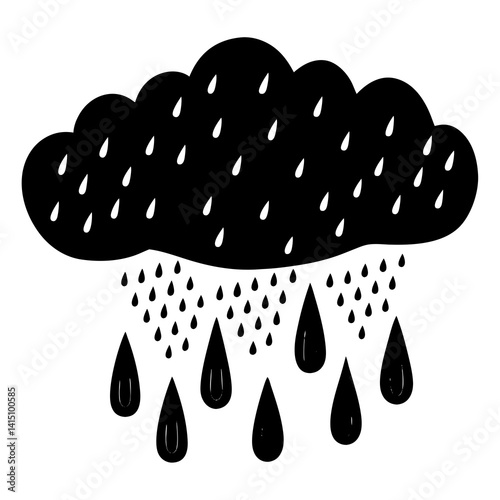 Vector silhouette of raindrops falling from a cloud, thin and smooth lines