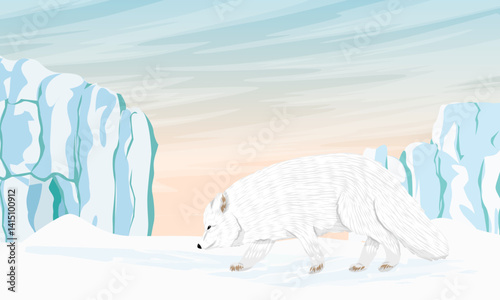 Arctic fox walks on snowy northern plain with high glaciers. Realistic vector landscape