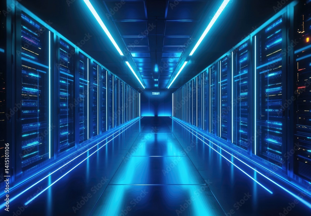 Fototapeta premium Futuristic server corridor with glowing blue lights and reflections, ideal for AI platforms, cloud infrastructure, cybersecurity, and advanced data management visuals