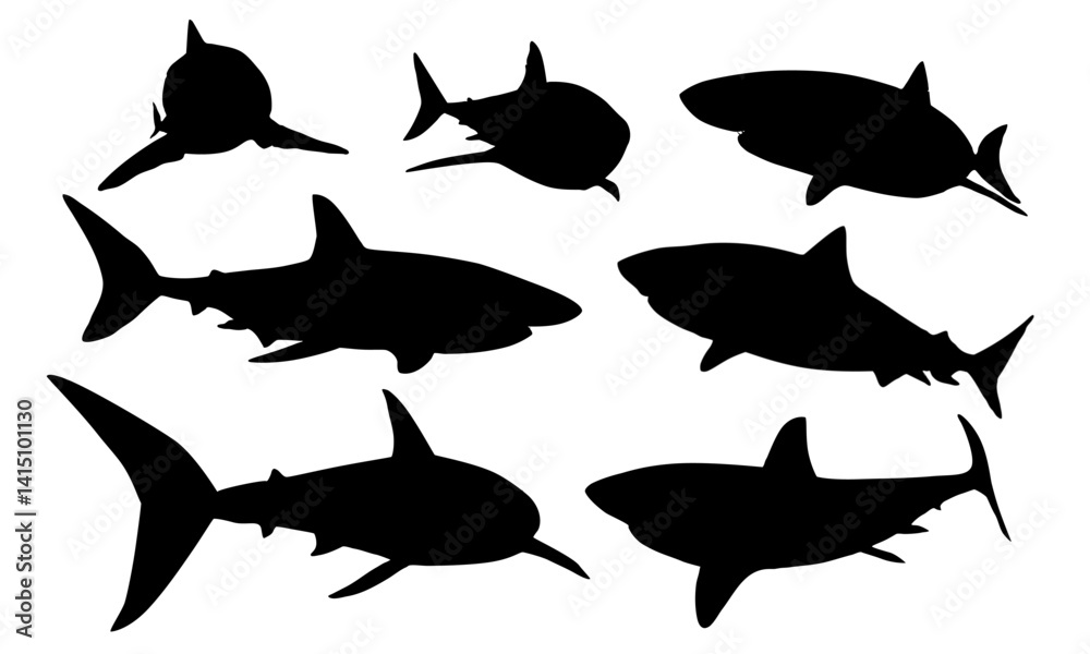Fototapeta premium Set of Great White Shark silhouettes. Realistic vector marine cartilaginous fish.