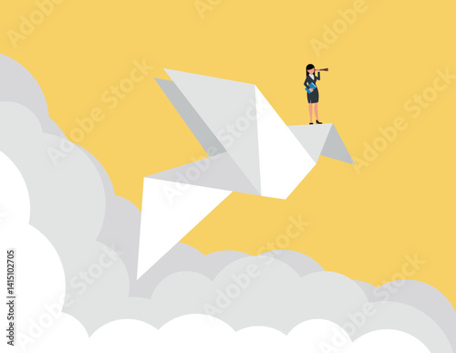 Strategy and Investment Ideas. Businesswoman standing on paper bird looking for target
