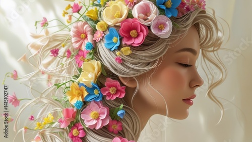 Serene Blonde Woman with Vibrant Floral Hair Crown Artistic Digital Painting