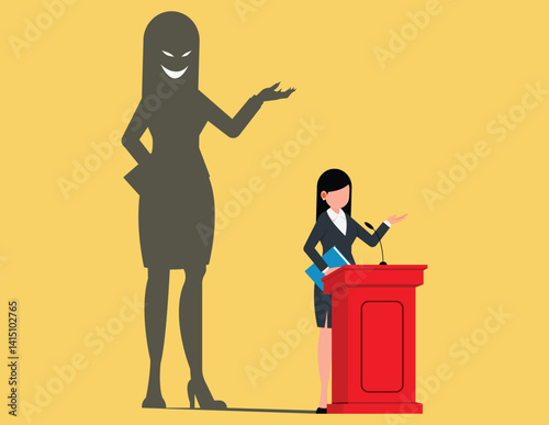Public speaker character. Businesswoman gives business speech at podium as evil shadow emerges from behind