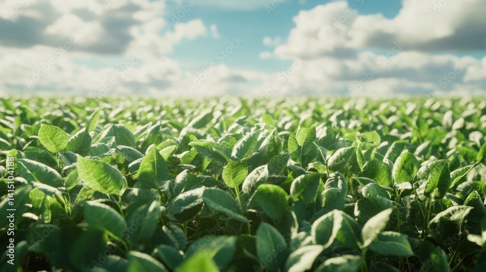 Lush green soybean field under a bright, partly cloudy sky. Lush green soybean field under a bright, partly cloudy sky.