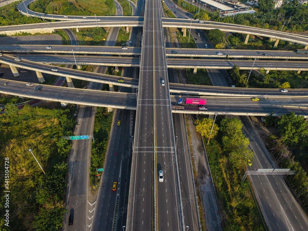 Aerial view city transport junction cross road with vehicle movement