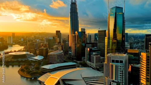 Cinematic 4K aerial drone shot soaring upward and forward over Melbourne, Australia's skyline at golden hour, capturing the yarra River, skyscrapers like Eureka Tower, and Federation Square in ultra-H