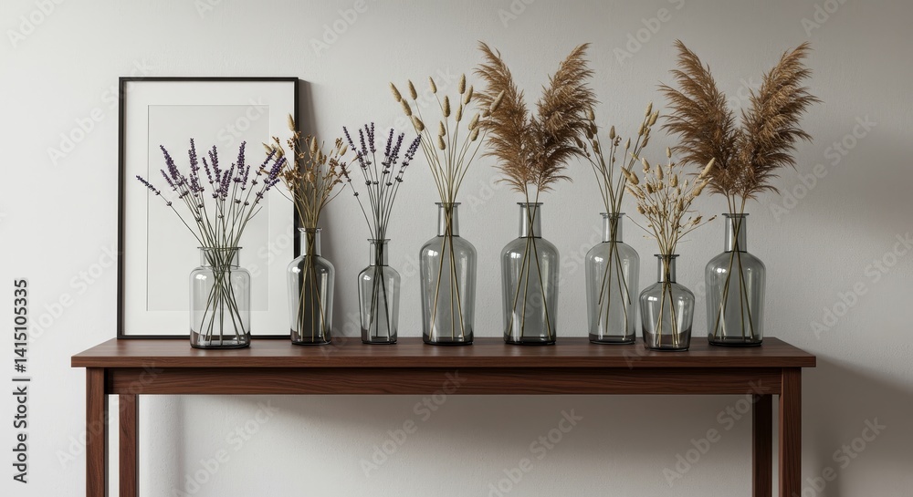 Naklejka premium Dried Flowers in Glass Vases on Console Table - Seven glass vases of varying heights hold dried lavender and pampas grass, arranged on a dark brown console table against a white wall