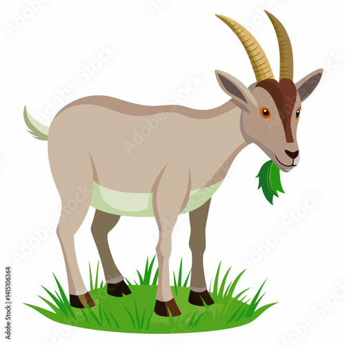 Cartoon Goat Eating Grass on White Background