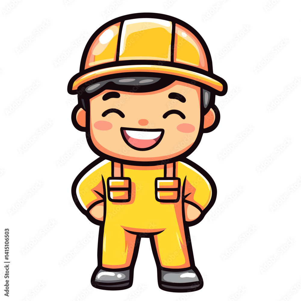 Happy smiling construction or maintenance worker in uniform and safety helmet, hand drawn doodle cartoon character clip art, kawaii isolated cute clean and simple vector illustration Happy smiling construction or maintenance worker in uniform and safety helmet, hand drawn doodle cartoon character clip art, kawaii isolated cute clean and simple vector illustration