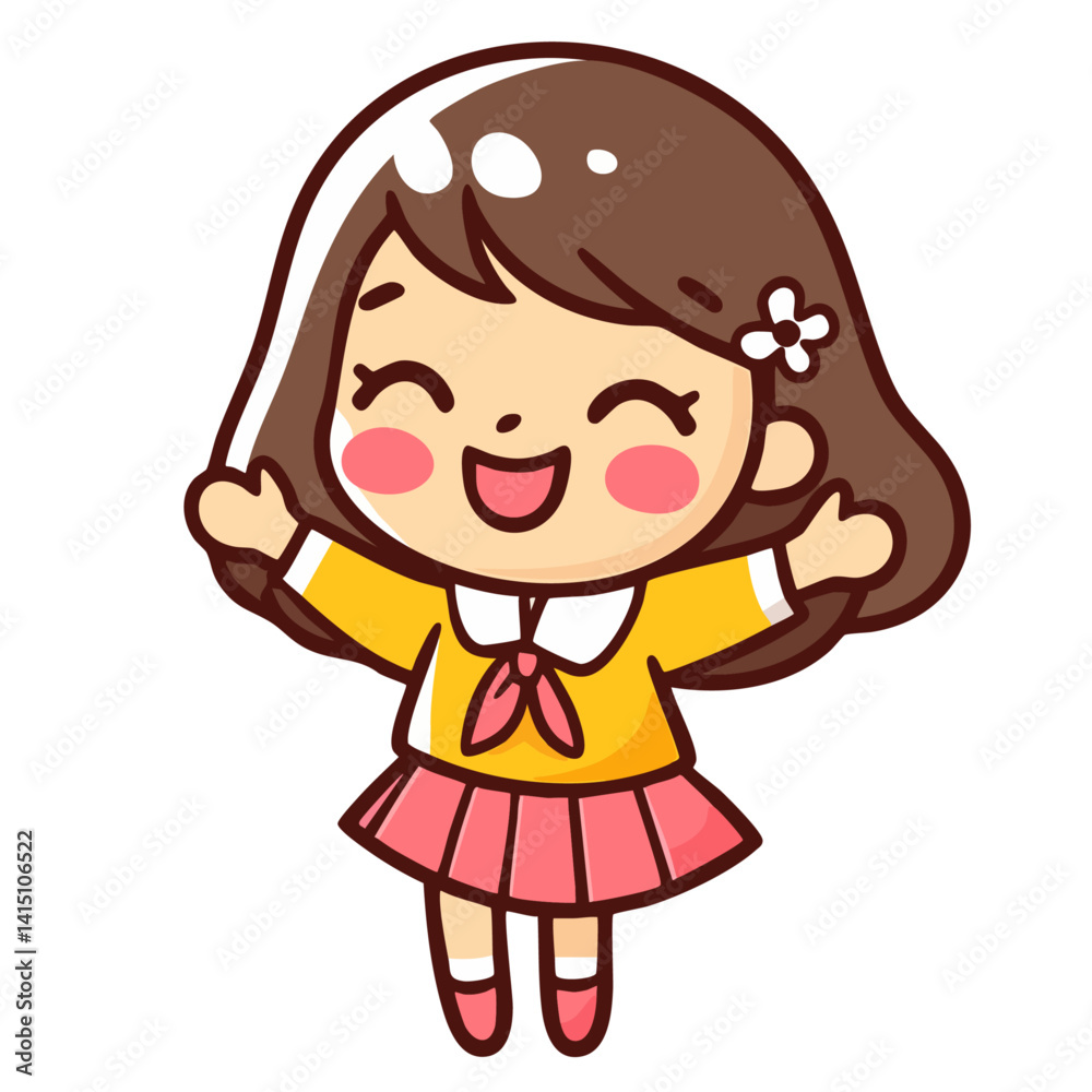 Sweet happy girl in school uniform, jump with open arms, cheerful schoolgirl, doodle cartoon character, kawaii isolated cute clean and simple vector illustration Sweet happy girl in school uniform, jump with open arms, cheerful schoolgirl, doodle cartoon character, kawaii isolated cute clean and simple vector illustration