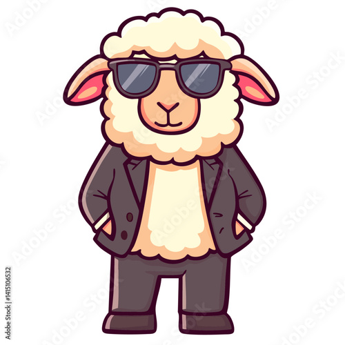 Cool serious sheep in suit with sunglasses, boss businessman, doodle cartoon character clip art, kawaii isolated cute clean and simple vector illustration
