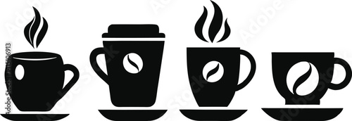 Coffee Cups Silhouette Vector – Assorted Hot Beverage Icons on Tray in Minimal Style