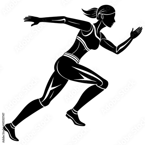 Line art vector silhouette of a female runner in motion, captured with one leg extended and arms swinging