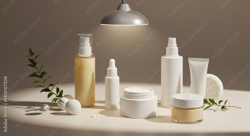 Elegant Skincare Product Display - A stylish arrangement of skincare products, including lotions, creams, and serums, presented against a beige background with soft lighting Elegant Skincare Product Display - A stylish arrangement of skincare products, including lotions, creams, and serums, presented against a beige background with soft lighting