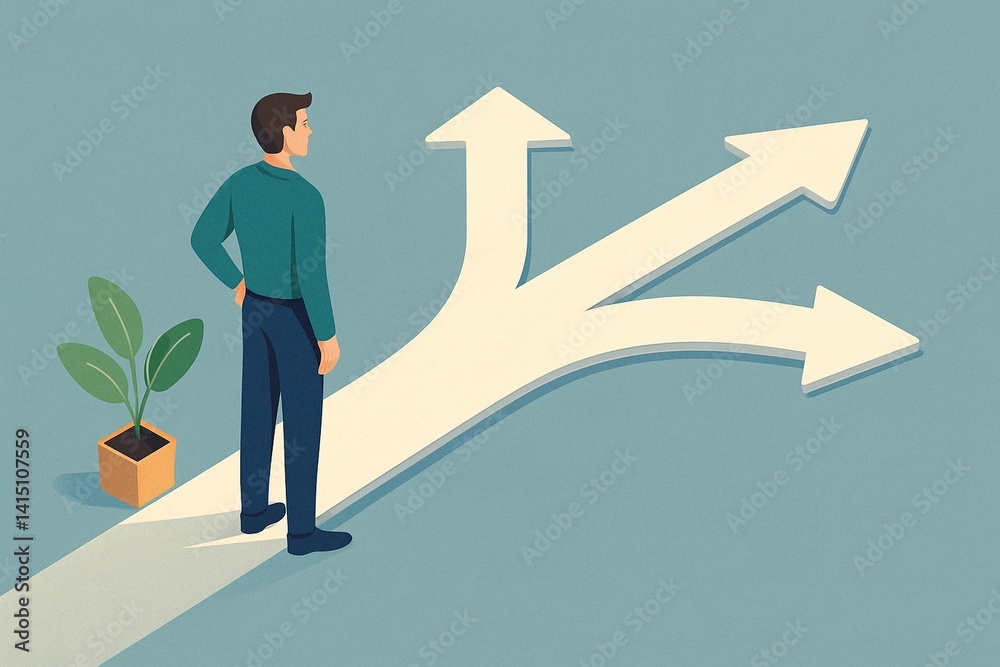 Fototapeta premium Isometric illustration of person facing three arrows – decision-making and priority concept
