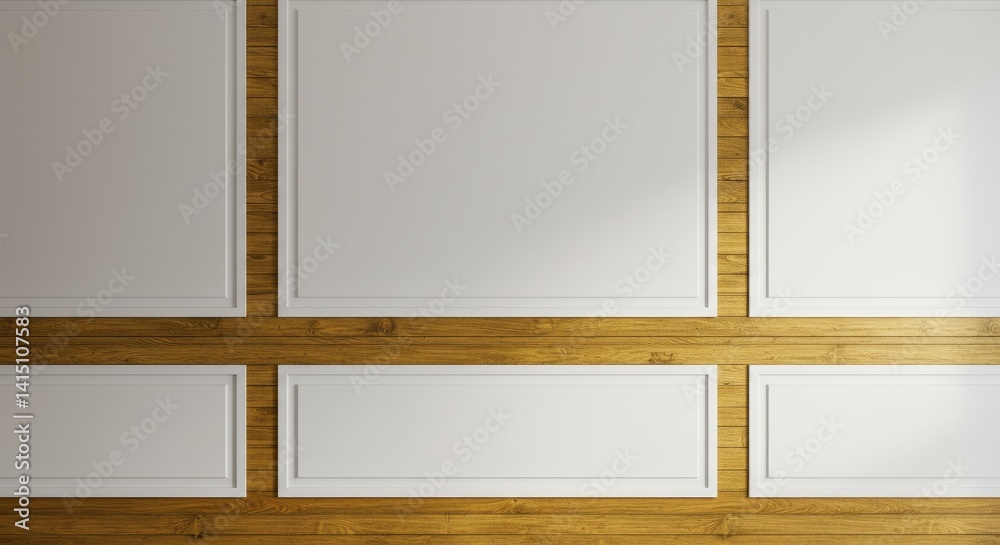 Fototapeta premium Elegant Wood Paneling Wall Design - Clean white panels framed by warm wood create a sophisticated and modern wall design, ideal for various interior styles