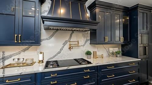 Luxury kitchen with navy cabinets, gold accents, marble, and modern appliances