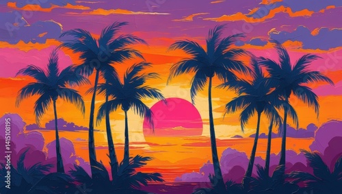 Vibrant Tropical Sunset Palm Trees Silhouetted Against a Vivid Orange and Pink Sky