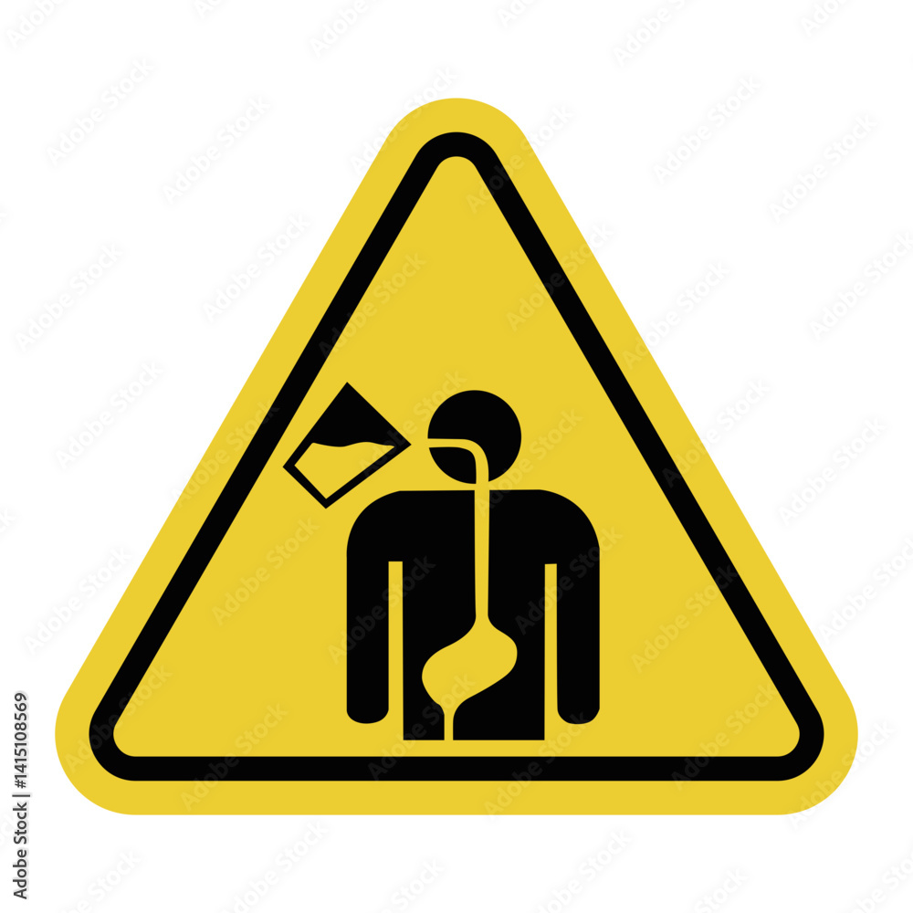 Danger of swallowing liquid sign. Risk of accidental or mistaken swallowing of dangerous liquid. Do not try or swallow contents. Warning yellow triangle road sign. Dangerous contents. Danger of swallowing liquid sign. Risk of accidental or mistaken swallowing of dangerous liquid. Do not try or swallow contents. Warning yellow triangle road sign. Dangerous contents.
