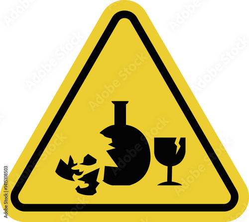 Broken glass sign. Danger of cuts from sharp glass shards. Broken glass products. Be careful glass can be sharp and invisible. Warning yellow triangle road sign.