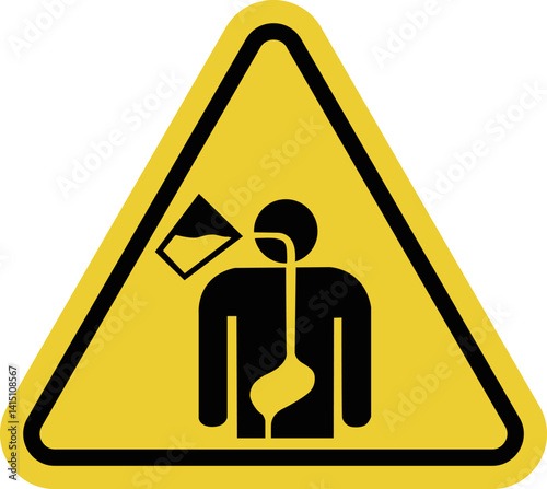 Danger of swallowing liquid sign. Risk of accidental or mistaken swallowing of dangerous liquid. Do not try or swallow contents. Warning yellow triangle road sign. Dangerous contents.
