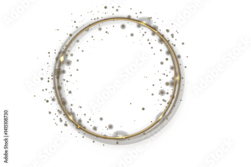 Sparkling stardust ring forms abstract celestial energy frame. Vector gold line flows dynamically like optic fiber twist. Shining arc creates elegant motion for digital design. Glitter dust sparkle