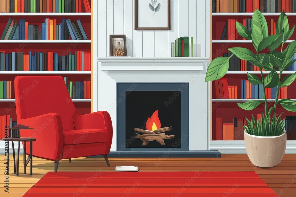 Cozy Reading Nook with Red Armchair, Books, and Fireplace Cozy Reading Nook with Red Armchair, Books, and Fireplace