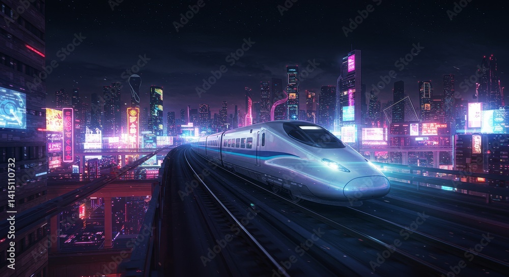 Fototapeta premium Futuristic City Nightscape with High-Speed Train - A sleek high-speed train travels through a vibrant, futuristic city at night, illuminated by neon lights and towering skyscrapers