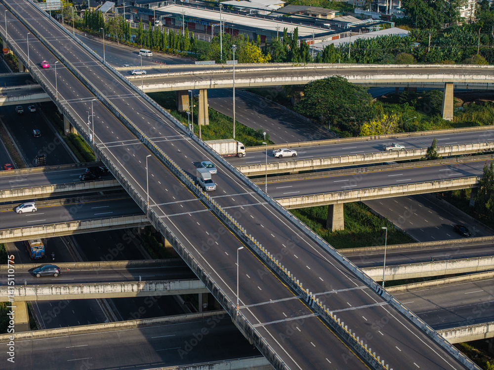 Aerial view city transport junction cross road with vehicle movement